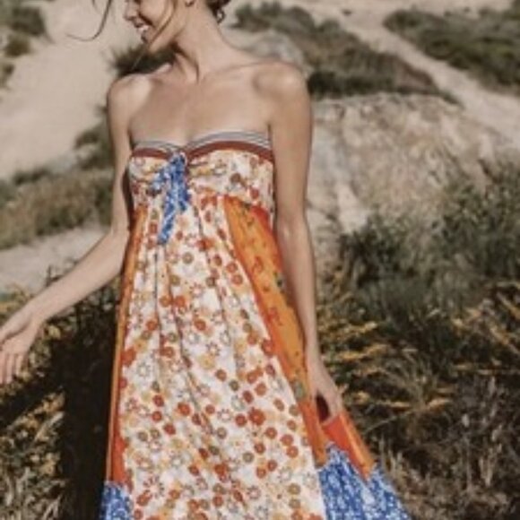 Free People Golden Dreams mixed print Strapless Ruffle Maxi Dress Size Medium - Picture 7 of 12